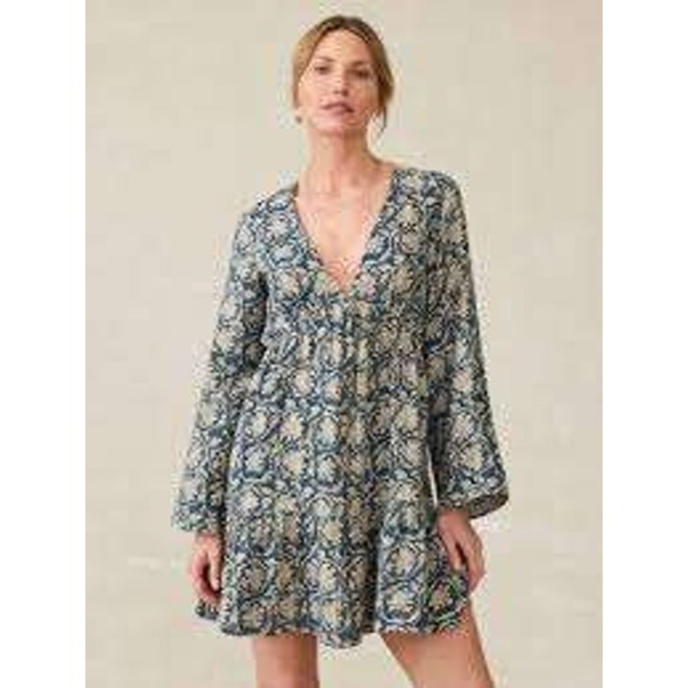 Faherty Dune Organic Cotton Dress Gauze Floral Block Print Tiered India Blue L